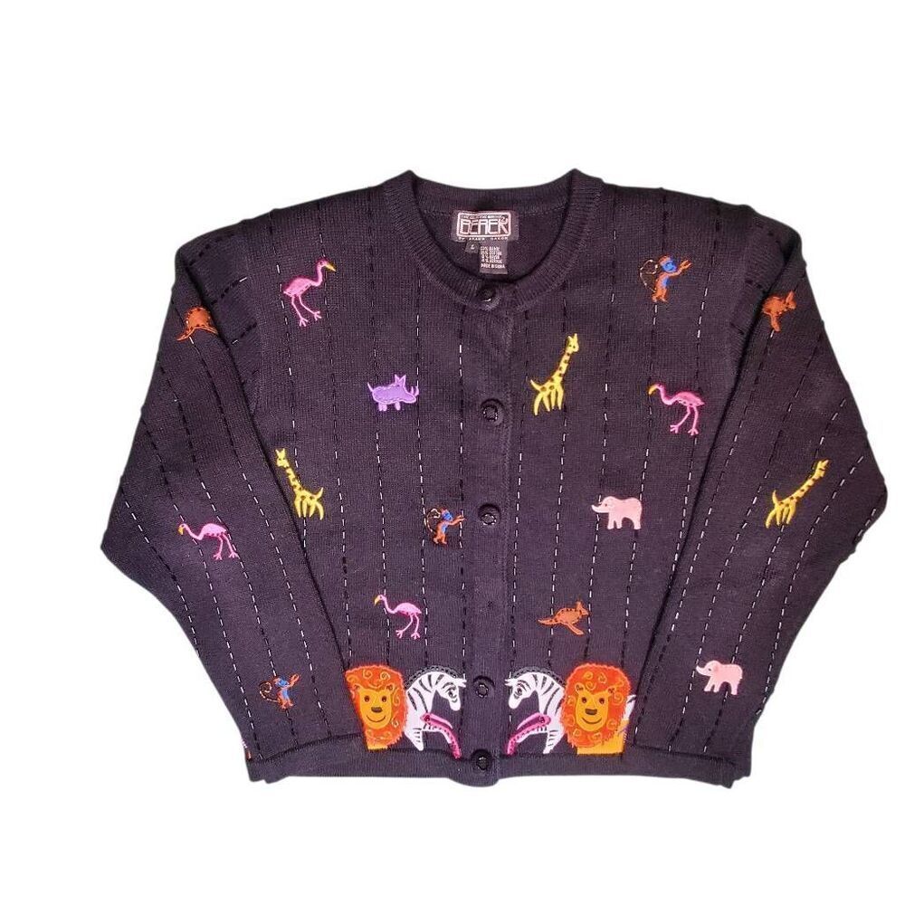 BEREK Beaded Zoo Animals Applique Cardigan Sweater Size L